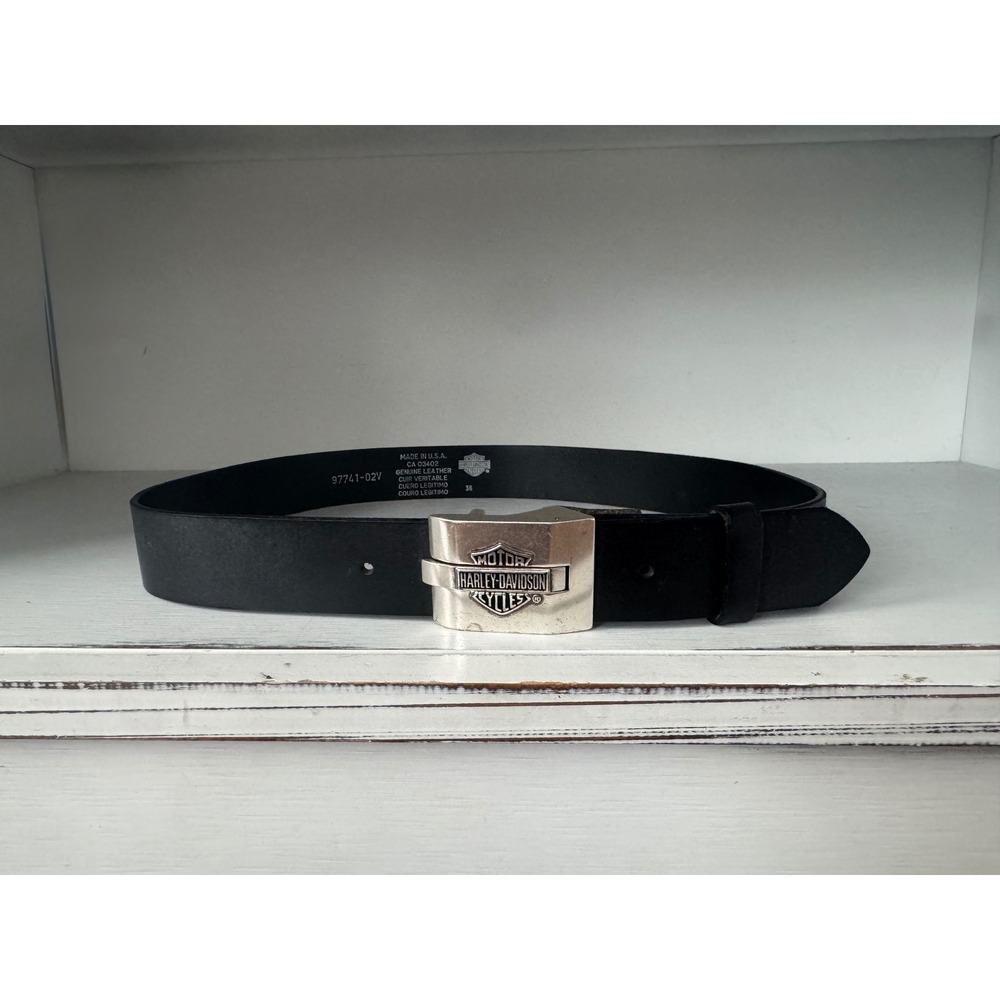 Harley Davidson Leather Black Belt Silver Buckle Size 36 Motorcycle